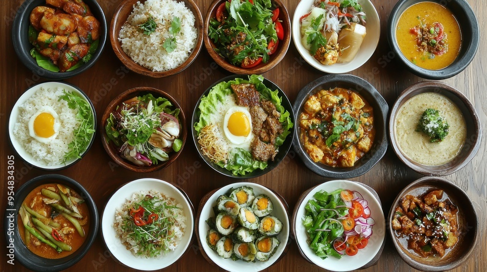 Natural food (various cuisines) Different food cooked on a wooden table Food backgrounds: table filled with large variety of food Natural food (various cuisines) Different food cooked on a wooden table Food backgrounds: table filled with large variety of food