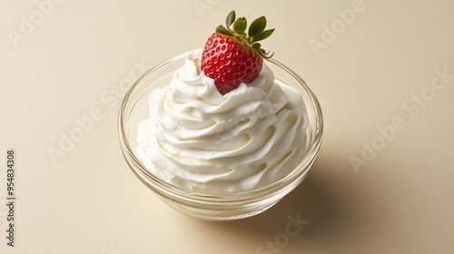 Strawberry on a white plate with whipped cream.