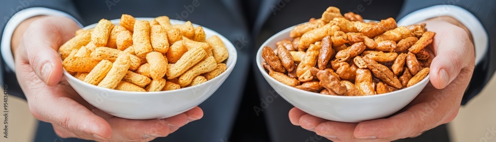 A businessman holds bowls of snacks, showcasing a variety of crunchy treats in an elegant presentation. A businessman holds bowls of snacks, showcasing a variety of crunchy treats in an elegant presentation.