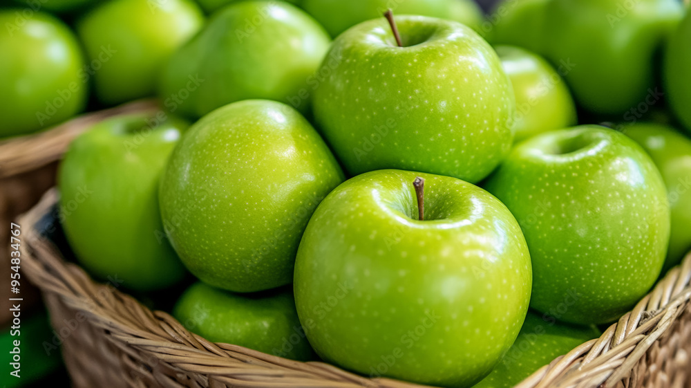 Bright green apples piled high in a woven basket market stall background warm and inviting hues Bright green apples piled high in a woven basket market stall background warm and inviting hues