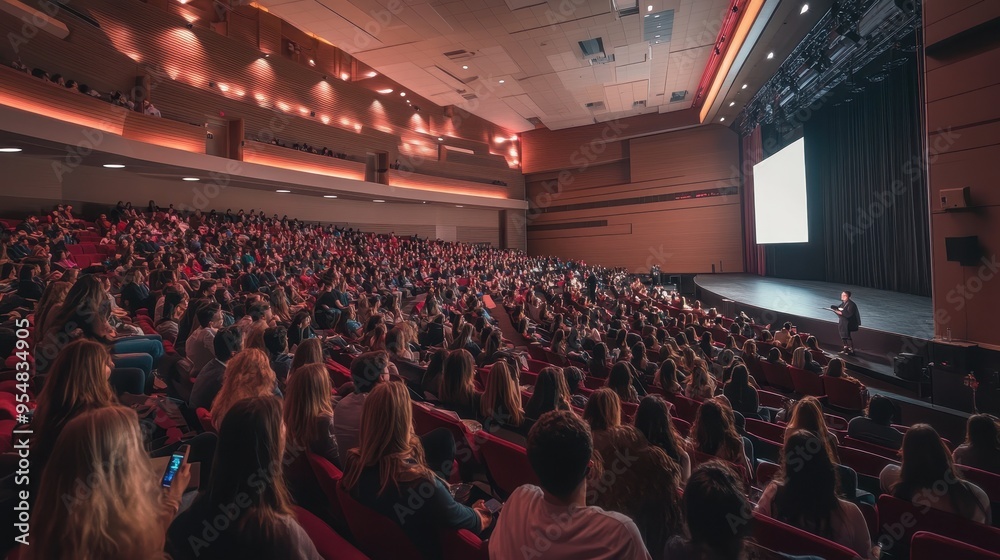 Naklejka premium Packed Auditorium with Audience Watching Presentation