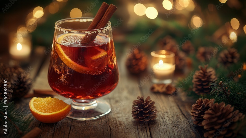 Cozy Mulled Wine with Cinnamon and Orange in Festive Holiday Setting. AI generated illustration Cozy Mulled Wine with Cinnamon and Orange in Festive Holiday Setting. AI generated illustration