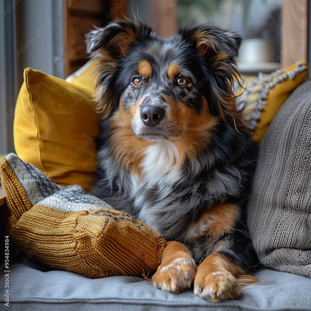 Adorable Australian Shepherd dog with pillows sitting on floor at home
Adorable Australian Shepherd dog with pillows sitting on floor at home