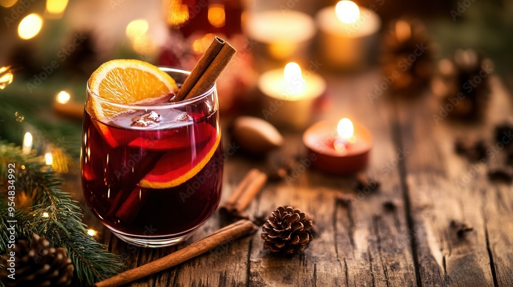 Cozy Mulled Wine with Cinnamon and Orange in Festive Holiday Setting. AI generated illustration