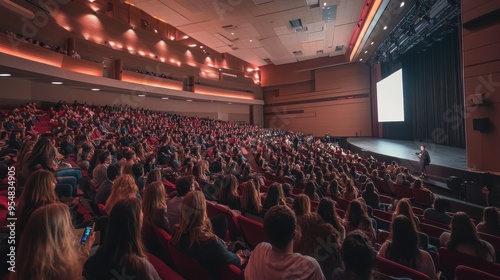 Packed Auditorium with Audience Watching Presentation photo