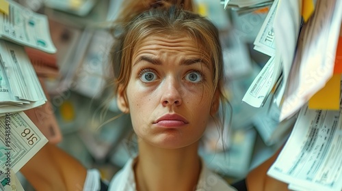 Overwhelmed Woman Facing Financial Stress, Regret and Headache Amidst Bills and Credit Card Statements, Depicting Personal Finance Crisis and Need for Budget. Generative AI. photo