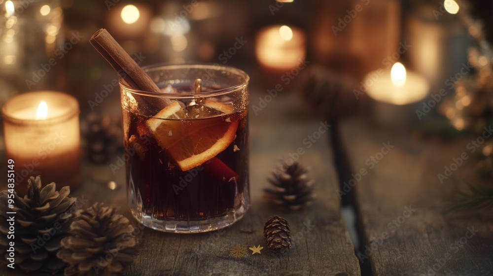 Cozy Mulled Wine with Cinnamon and Orange in Festive Holiday Setting. AI generated illustration Cozy Mulled Wine with Cinnamon and Orange in Festive Holiday Setting. AI generated illustration