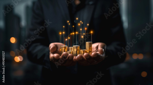 Hands Holding Stacked Coins with Rising Financial Graph in Background