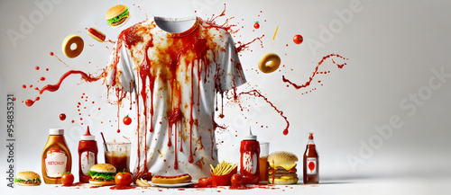 Banner with t-shirt dirty with splash ketchup. Composition of ketchup splashes cheese burger hamburger hod dog tomatoes and ketchup bottles
