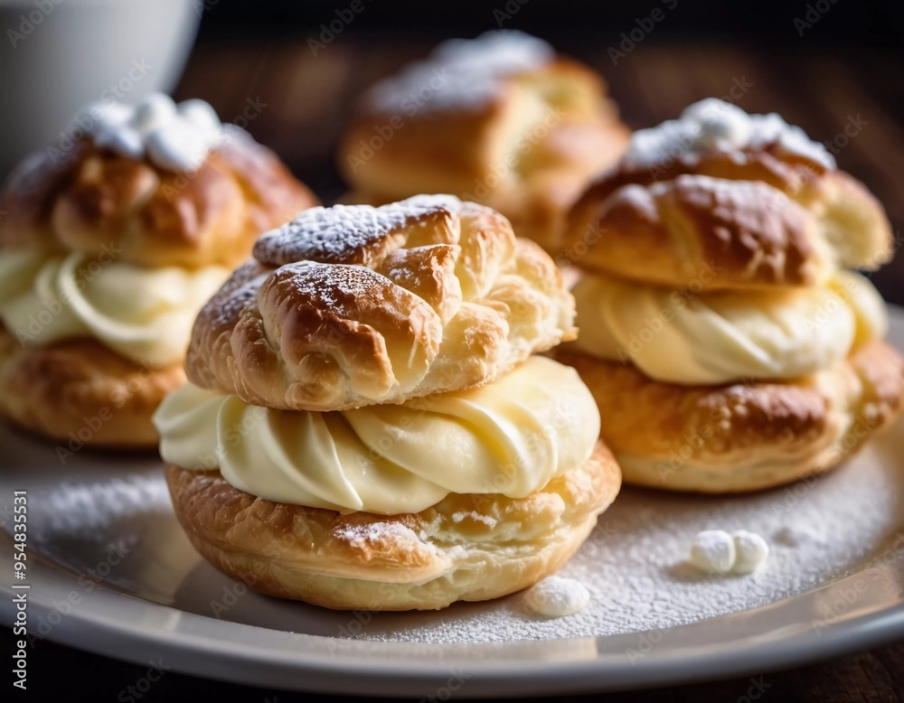 A plate of freshly made cream puff pastries, each topped with powdered sugar and creamy filling, is beautifully arranged in soft evening light, inviting dessert lovers to indulge. Generative AI A plate of freshly made cream puff pastries, each topped with powdered sugar and creamy filling, is beautifully arranged in soft evening light, inviting dessert lovers to indulge. Generative AI