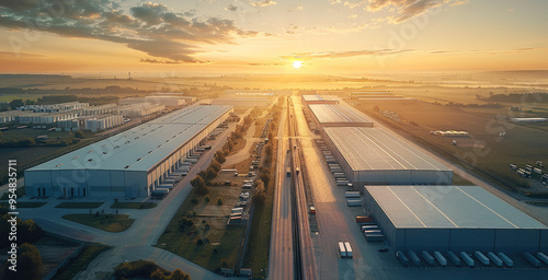 Aerial view of a rural landscape featuring logistic park mega with industrial facilities, modern architecture design. Generative AI.
