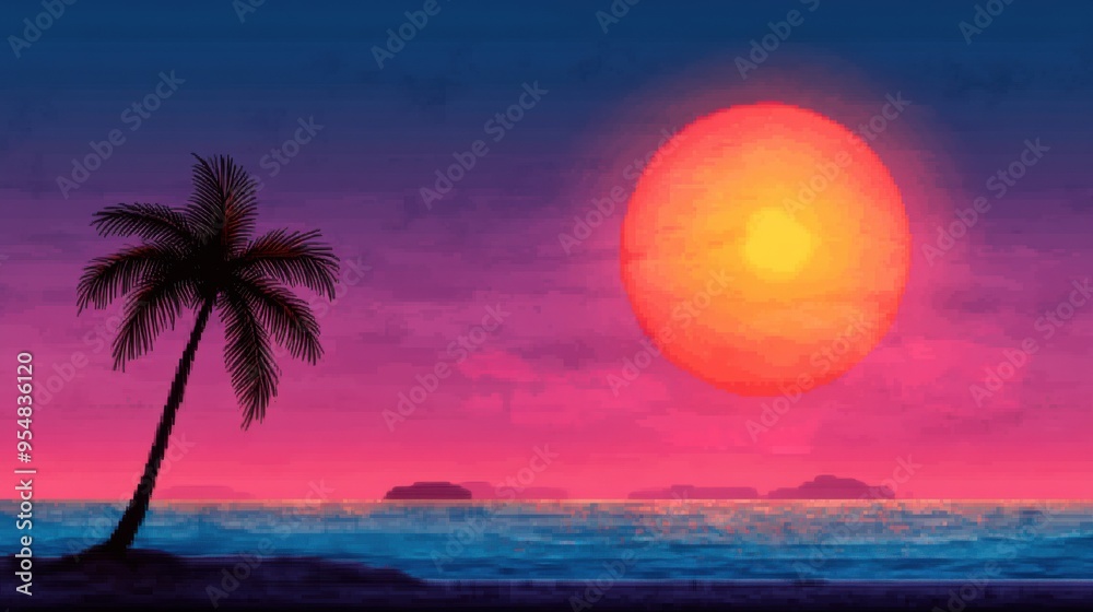 Tranquil Pixel Art Beach Scene at Sunset with Palm Trees, Waves, and Distant Islands Tranquil Pixel Art Beach Scene at Sunset with Palm Trees, Waves, and Distant Islands