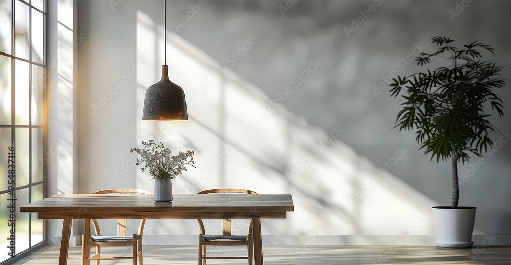 Fototapeta premium Modern and minimalist dining room with a pendant lamp hanging over the dining table. Generative AI.