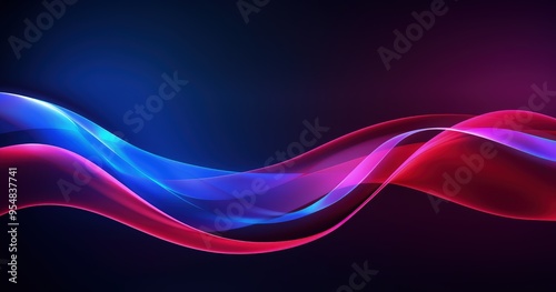 A vibrant abstract wave design featuring flowing lines in shades of blue, pink, and purple against a dark background.