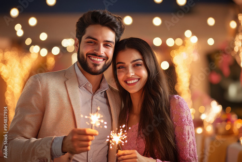 Indian couple holding sparkles, celebrating diwali festival photo