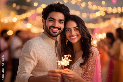 Indian couple holding sparkles, celebrating diwali festival photo