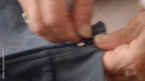 Hands trying to unlock a stuck zipper photo