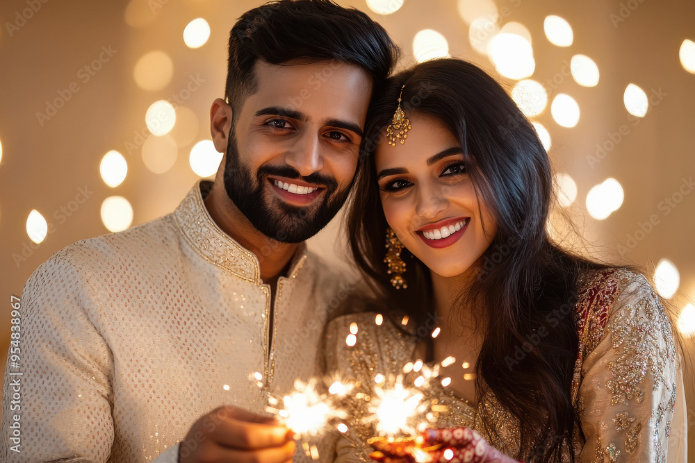 Indian couple holding sparkles, celebrating diwali festival