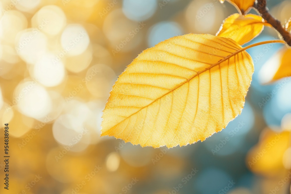 Close-up of a yellow autumn leaf. A bright orange tree changes with a blurred bokeh background.  with generative ai