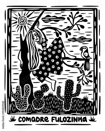 Comadre Fulozinha. Character of northeast brazilian mythology. Brazilian cordel woodcut. Vector black and white illustration