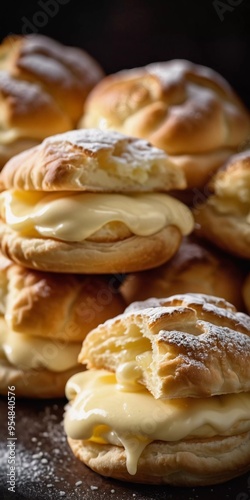 A plate of freshly made cream puff pastries, each topped with powdered sugar and creamy filling, is beautifully arranged in soft evening light, inviting dessert lovers to indulge. Generative AI