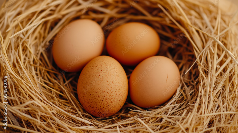Free range chicken eggs in a nest of straw farm market stall background warm and natural hues Free range chicken eggs in a nest of straw farm market stall background warm and natural hues