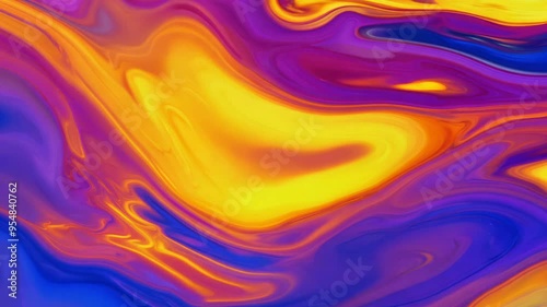 Abstract vibrant multicolored fluid pattern with swirling blue, yellow, purple, and orange hues. Heat map animation.