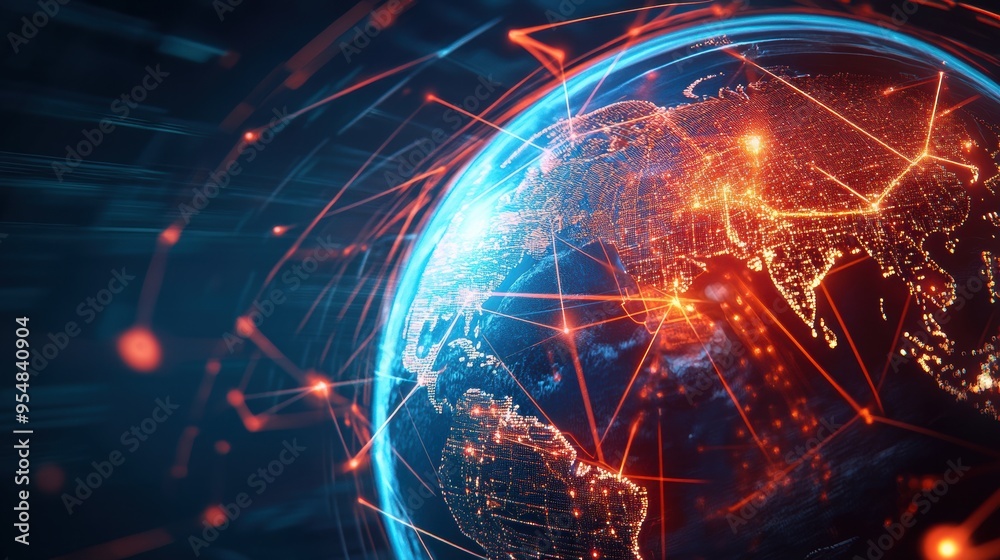 A 3D rendered globe slowly rotating with glowing lines connecting major cities around the world, emphasizing global communication and networking A 3D rendered globe slowly rotating with glowing lines connecting major cities around the world, emphasizing global communication and networking