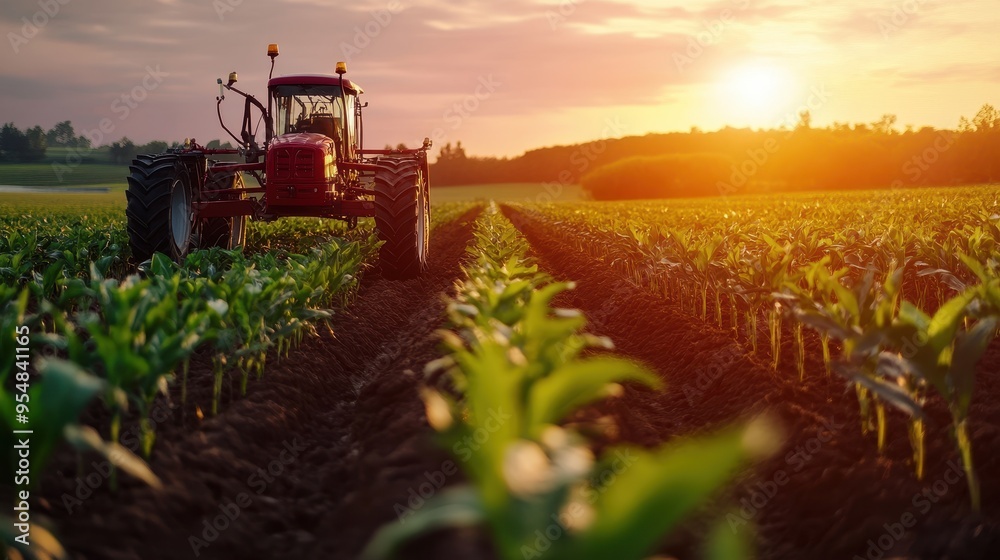 Sunset Tractor on Fertile Farmland at Golden Hour Sunset Tractor on Fertile Farmland at Golden Hour
