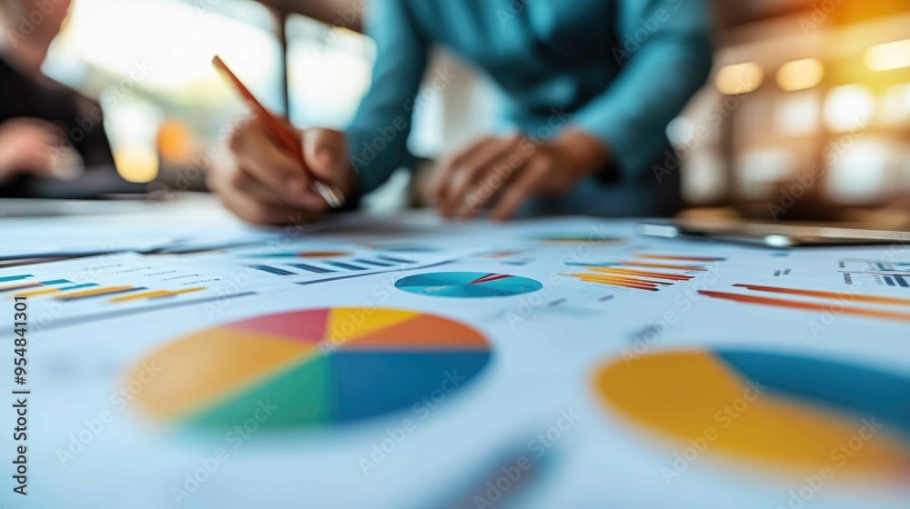 Detailed Business Meeting with Charts and Graphs in High-Angle Shot Detailed Business Meeting with Charts and Graphs in High-Angle Shot