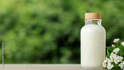 Fresh cream in a vintage bottle with a wooden stopper farm market stall background natural light 