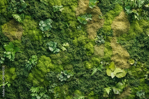 Close-up surface of the wall covered with green moss. Modern eco friendly decor made of colored stabilized moss. with generative ai