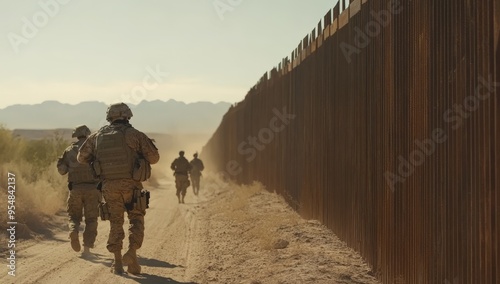 Military Patrol along Border Wall in Desert at Sunset