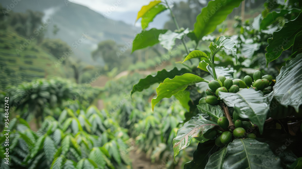 Ripe and unripe coffee cherries on a coffee plant. Agricultural harvest and farming concept. Ripe and unripe coffee cherries on a coffee plant. Agricultural harvest and farming concept.