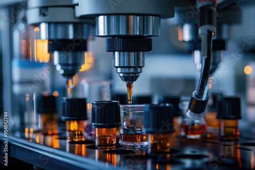 Automated Laboratory Equipment Dispensing Liquids into Vials in a High-Tech Medical Research Lab