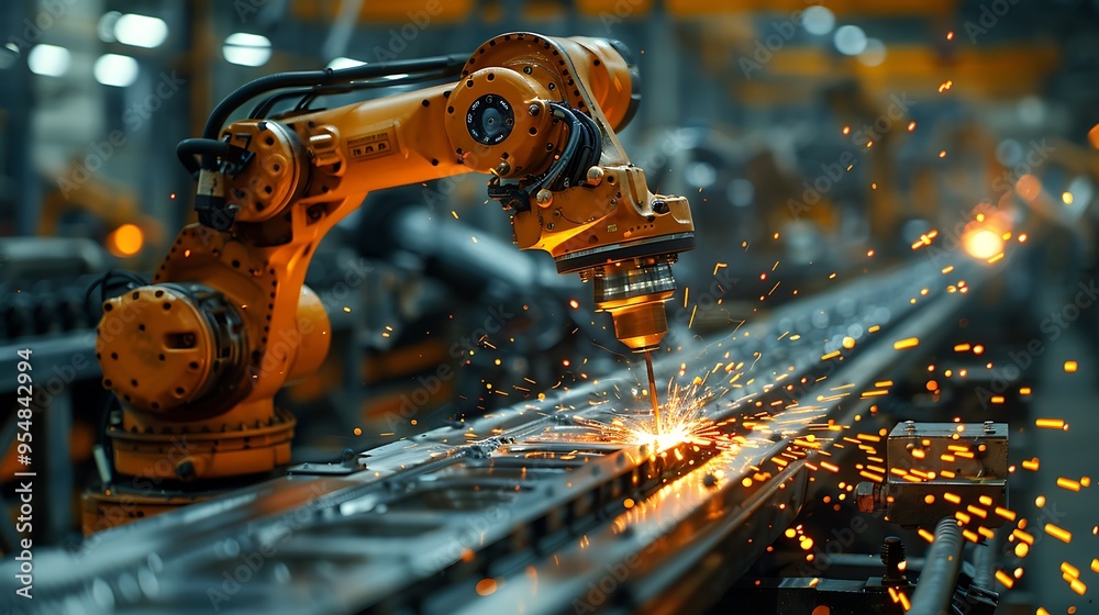 A detailed shot of a robotic welding arm in action, with an engineer standing nearby, monitoring the operation. The factory setting is filled with industrial equipment, A detailed shot of a robotic welding arm in action, with an engineer standing nearby, monitoring the operation. The factory setting is filled with industrial equipment,