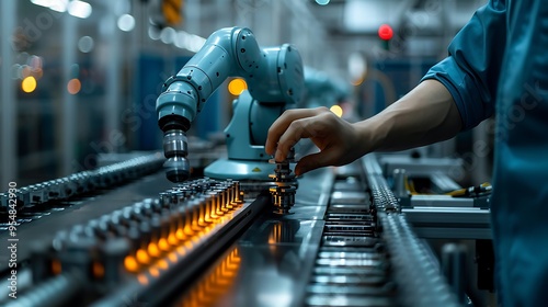 A detailed shot of a human worker adjusting the settings on a collaborative robot (cobot) in a manufacturing facility. The cobot is positioned to assist in the assembly process,