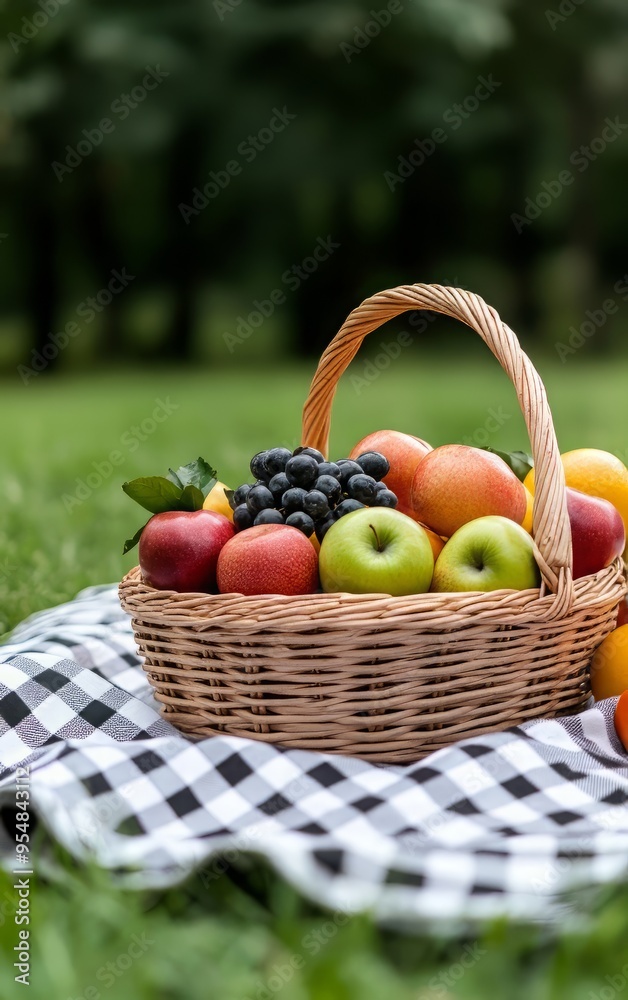 A vibrant basket filled with assorted fresh fruits on a picnic blanket in a lush green setting. Perfect for food lovers. A vibrant basket filled with assorted fresh fruits on a picnic blanket in a lush green setting. Perfect for food lovers.