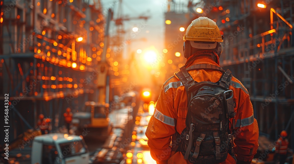 A dynamic shot of a construction worker using a robotic exoskeleton to lift heavy materials, surrounded by a busy construction site. The exoskeleton is in motion,