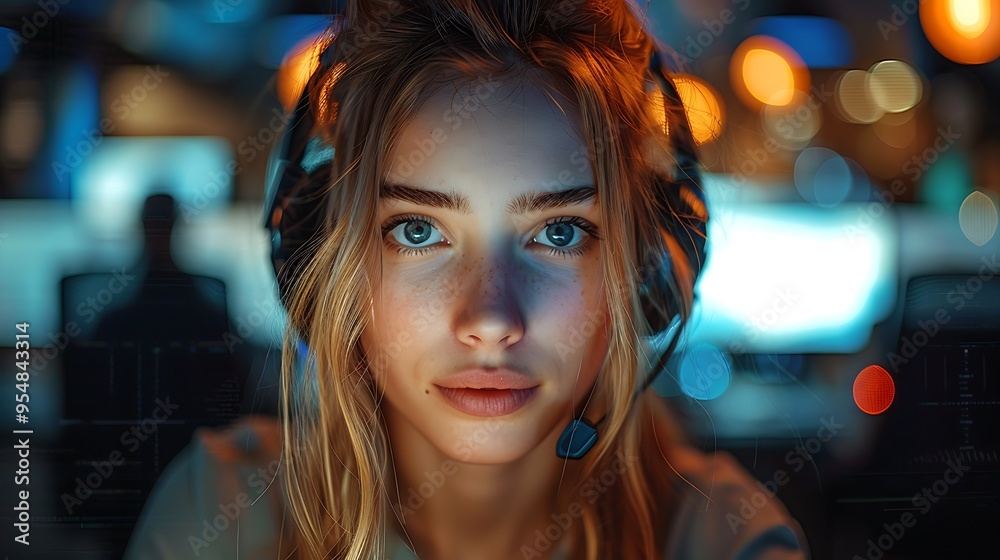 A dynamic shot of a customer support agent engaging with an AI chatbot on a computer screen in a busy call center. A dynamic shot of a customer support agent engaging with an AI chatbot on a computer screen in a busy call center.