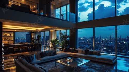 A lavish penthouse with panoramic city views adorned in modern luxury decor photo