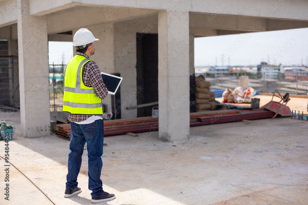 Professional Mechanical Engineer Working on Personal laptop computer at house construction site. Product quality Inspection Professional Mechanical Engineer Working on Personal laptop computer at house construction site. Product quality Inspection