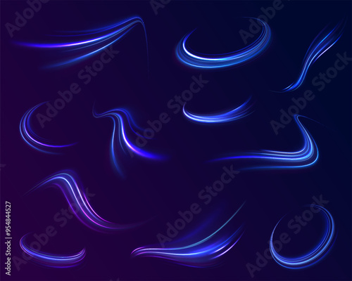 Light everyday glowing effect. High speed motion blur light effects at night, blue line. Semicircular wave, light trail curve swirl, optical fiber incandescent png. Bright sparkling background vector.