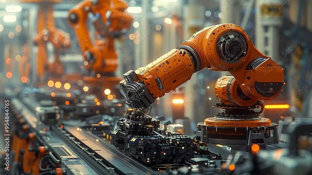 A futuristic manufacturing facility where a human worker and a collaborative robot (cobot) are seamlessly working together to assemble mechanical components.