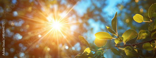 Sunlight shone through the branches, warm tones contrasting with the bright blue sky