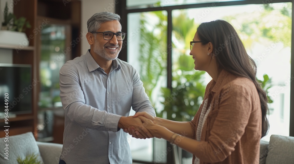Two individuals smiling and shaking hands in a modern living room during a friendly meeting in broad daylight Two individuals smiling and shaking hands in a modern living room during a friendly meeting in broad daylight