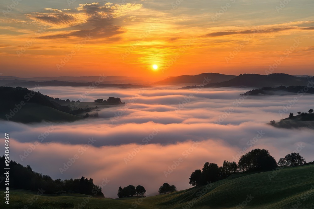 Fototapeta premium A mesmerizing sunrise over a landscape blanketed in a sea of clouds, with rolling hills and distant mountains emerging through the mist, creating a peaceful and ethereal scene