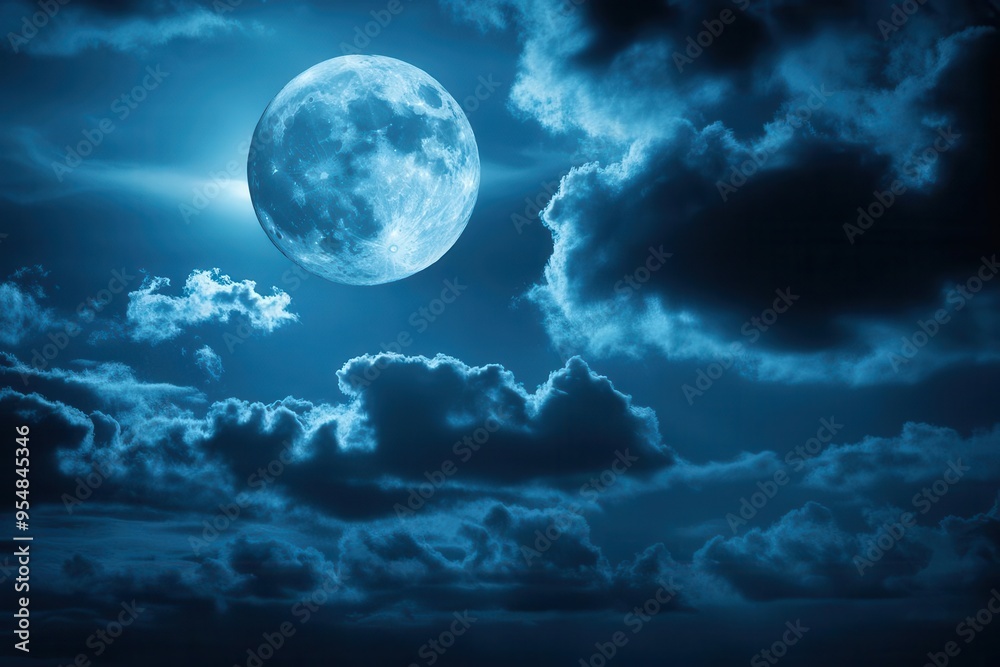 A bright full moon illuminates the night sky, partially obscured by dramatic clouds, casting an ethereal glow and creating a mystical, serene atmosphere A bright full moon illuminates the night sky, partially obscured by dramatic clouds, casting an ethereal glow and creating a mystical, serene atmosphere