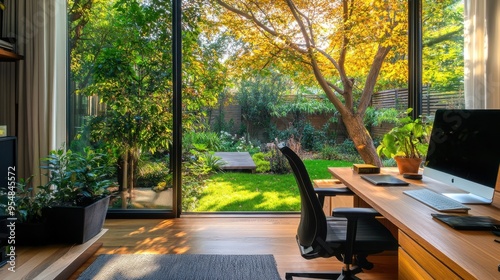 Work-life balance portrayed through a cozy home office and a relaxing garden view photo