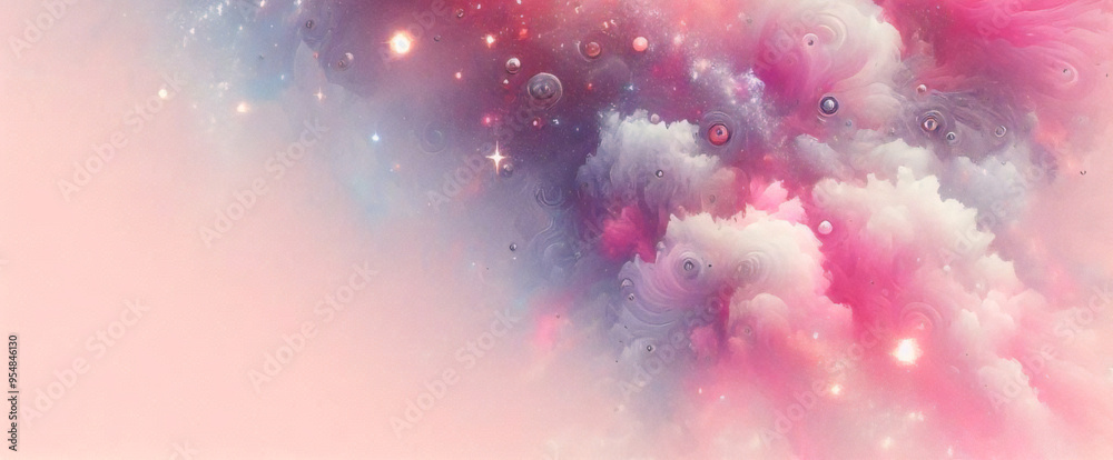 Fototapeta premium Rainbow unicorn pastel background with glitter stars. Pink fantasy sky. Holographic space with bokeh. Fairy iridescent gradient backdrop. Vector